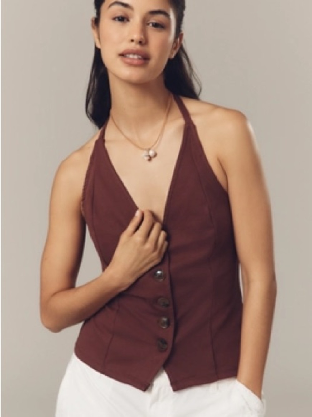 By Anthropologie Halter Vest Maroon Small Button Front Y2K Preppy Minimalist NWT